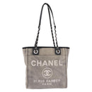 CHANEL Deauville Line Chain Tote Bag Canvas Gray Silver CC Auth bs35696-2