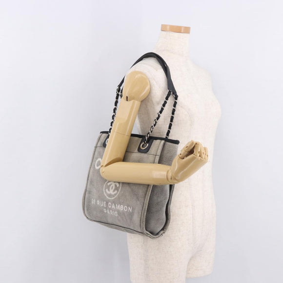 CHANEL Deauville Line Chain Tote Bag Canvas Gray Silver CC Auth bs35696