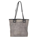CHANEL Deauville Line Chain Tote Bag Canvas Gray Silver CC Auth bs35696-3