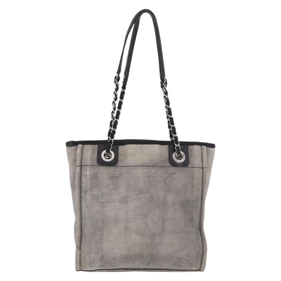CHANEL Deauville Line Chain Tote Bag Canvas Gray Silver CC Auth bs35696