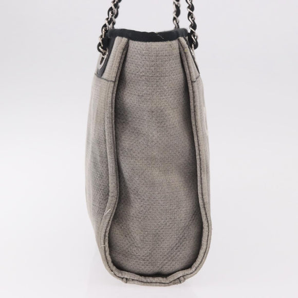 CHANEL Deauville Line Chain Tote Bag Canvas Gray Silver CC Auth bs35696