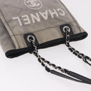 CHANEL Deauville Line Chain Tote Bag Canvas Gray Silver CC Auth bs35696-7