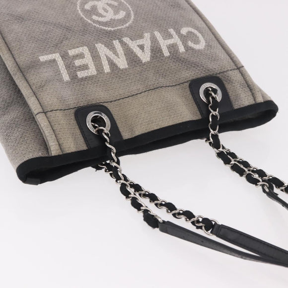 CHANEL Deauville Line Chain Tote Bag Canvas Gray Silver CC Auth bs35696