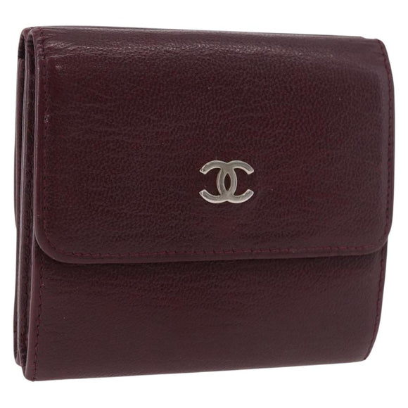 CHANEL Trifold Wallet Leather Bordeaux Gold CC Auth bs35714