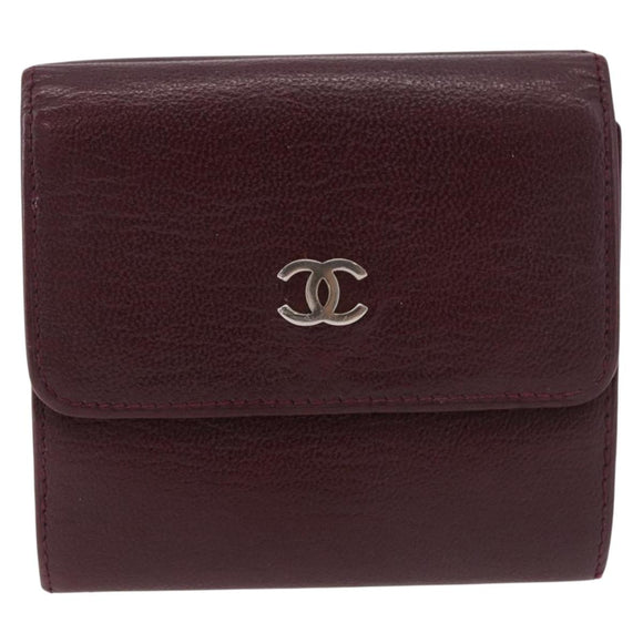 CHANEL Trifold Wallet Leather Bordeaux Gold CC Auth bs35714