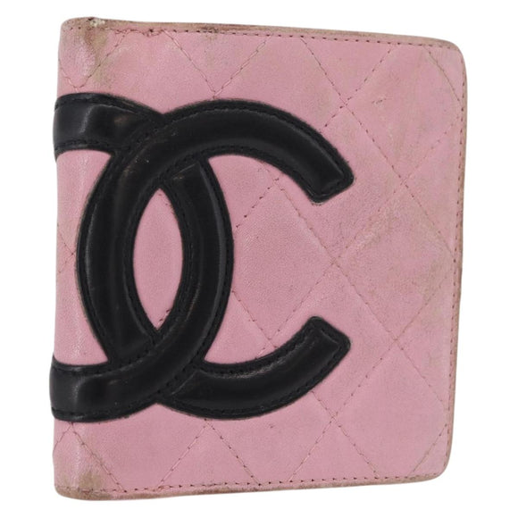 CHANEL Cambon Line Bifold Wallet Leather Pink Silver CC Auth bs35716