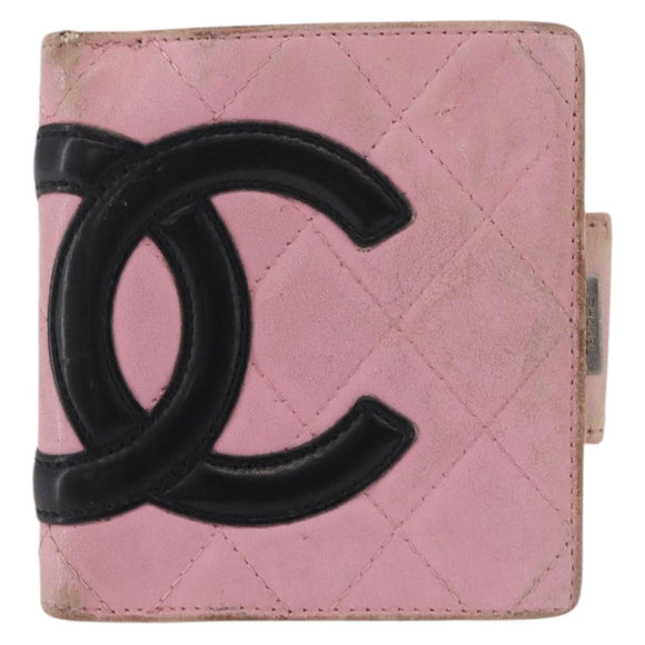CHANEL Cambon Line Bifold Wallet Leather Pink Silver CC Auth bs35716