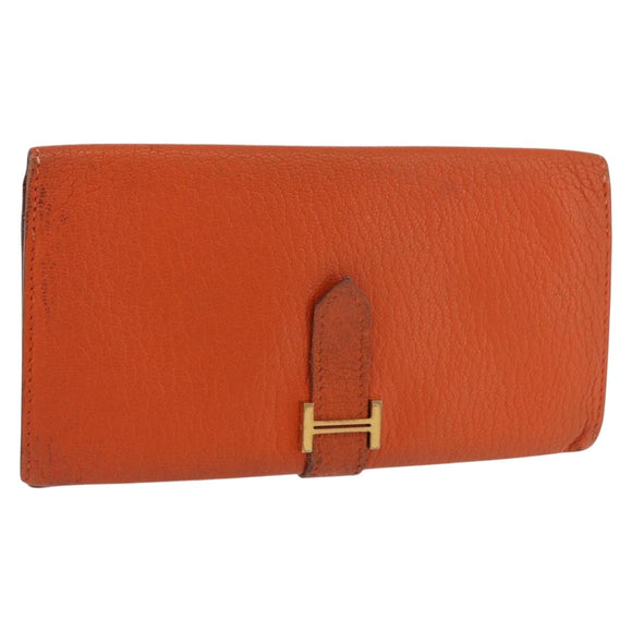 HERMES Bane Souffle Long Wallet Leather Orange Gold Auth bs35718