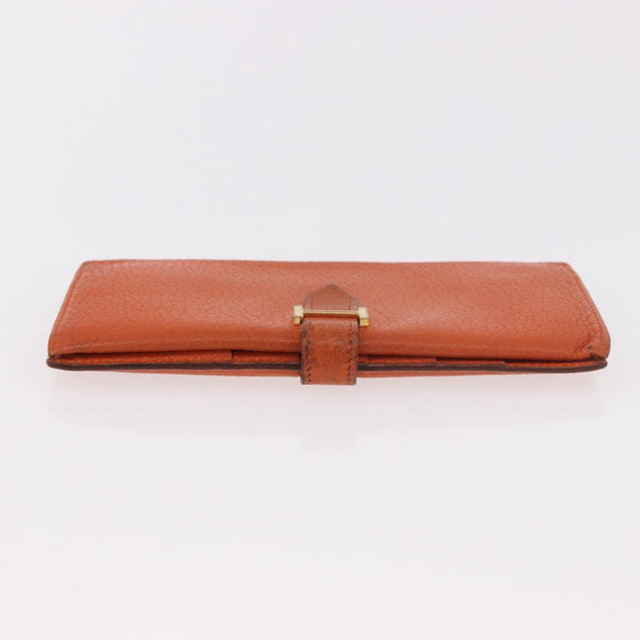 HERMES Bane Souffle Long Wallet Leather Orange Gold Auth bs35718