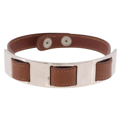 HERMES Armlet Leather Brown Silver Auth bs35719A - 0