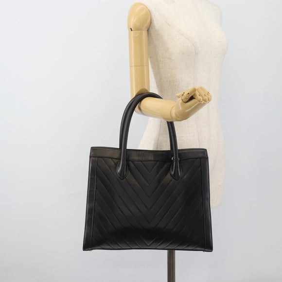 CHANEL Hand Bag Lamb Skin Black Gold CC Auth bs35740