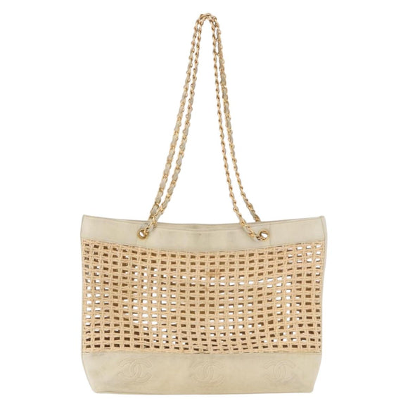CHANEL Triple Coco Chain Tote Bag Raffia Beige Gold CC Auth bs35742A