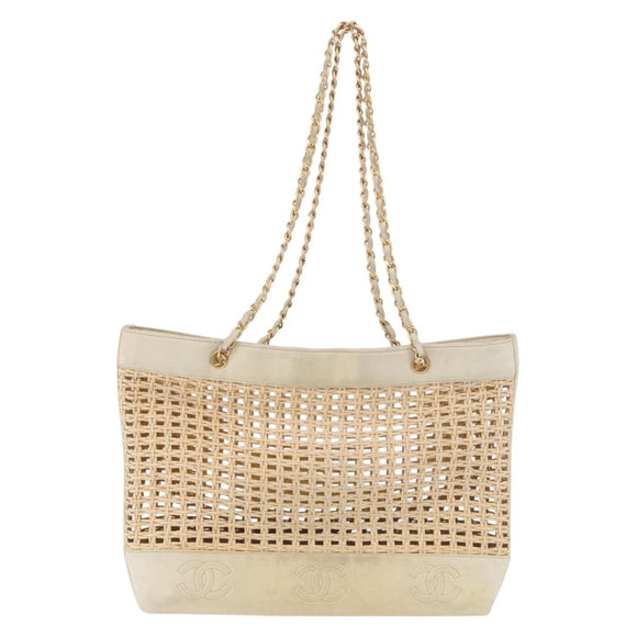 CHANEL Triple Coco Chain Tote Bag Raffia Beige Gold CC Auth bs35742A