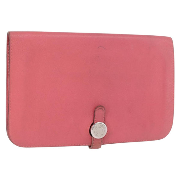 HERMES Dogon GM Long Wallet Leather Pink Silver Auth bs35743