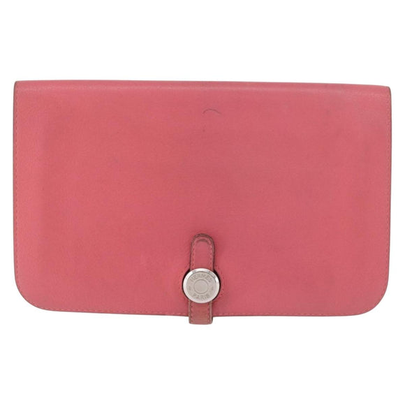 HERMES Dogon GM Long Wallet Leather Pink Silver Auth bs35743
