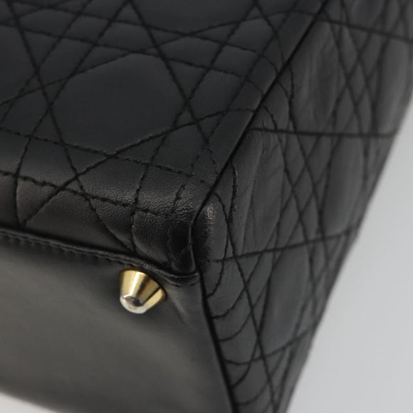 Christian Dior Lady Dior Canage Hand Bag Lamb Skin Black Gold Auth bs35805V