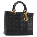 Christian Dior Lady Dior Canage Hand Bag Lamb Skin Black Gold Auth bs35805V-1