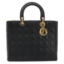 Christian Dior Lady Dior Canage Hand Bag Lamb Skin Black Gold Auth bs35805V-2