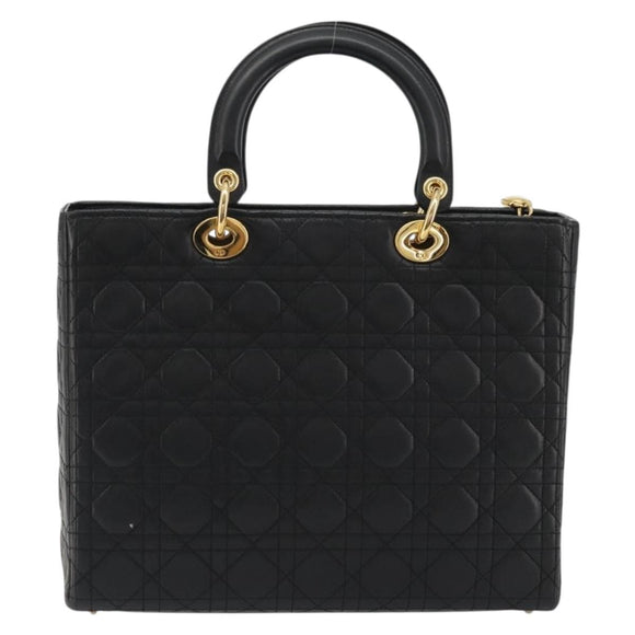 Christian Dior Lady Dior Canage Hand Bag Lamb Skin Black Gold Auth bs35805V