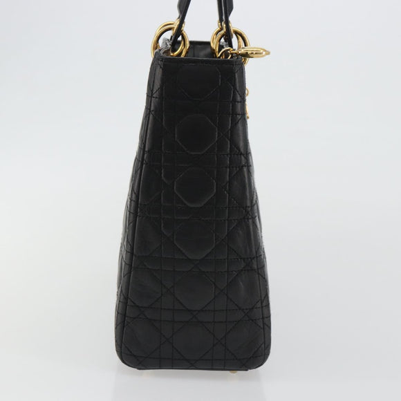 Christian Dior Lady Dior Canage Hand Bag Lamb Skin Black Gold Auth bs35805V