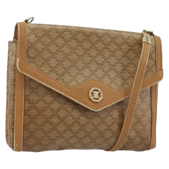 CELINE Macadam Shoulder Bag PVC Leather Beige Gold Auth bs35806