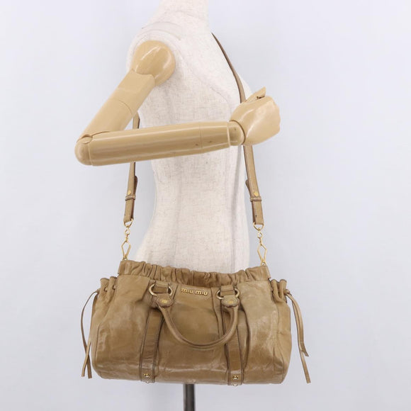 Miu Miu Hand Bag Leather 2way Beige Gold Auth bs35814