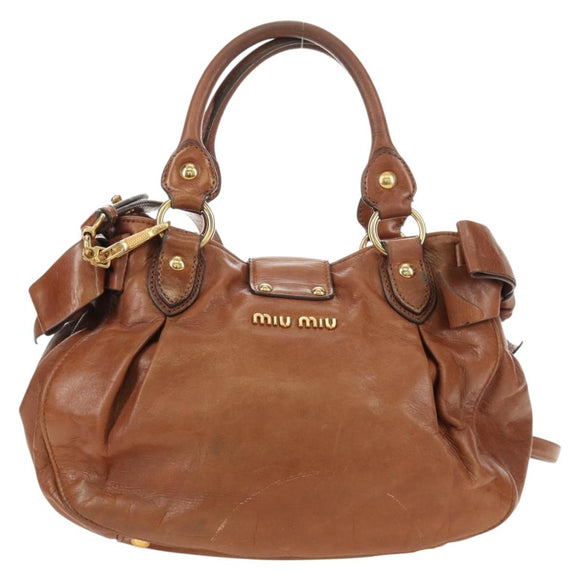 Miu Miu Side Ribbon Hand Bag Leather 2way Brown Gold Auth bs35815V