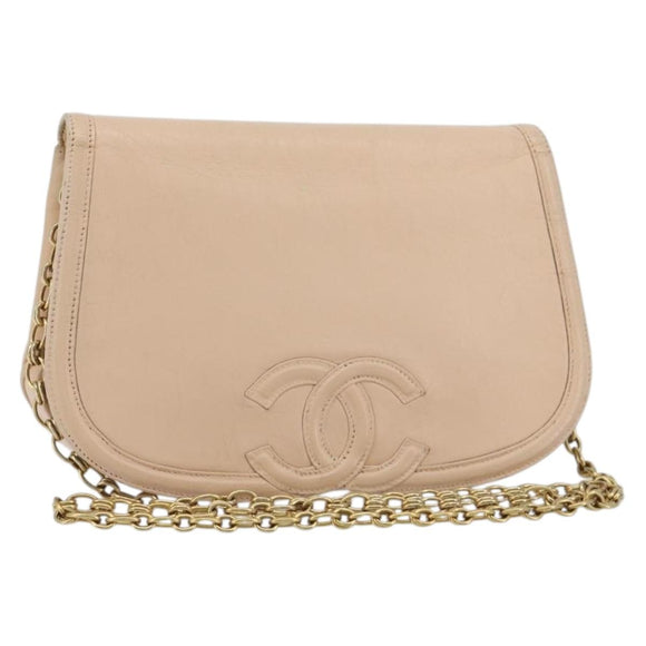 CHANEL Chain Shoulder Bag Leather Beige Gold CC Auth bs35821