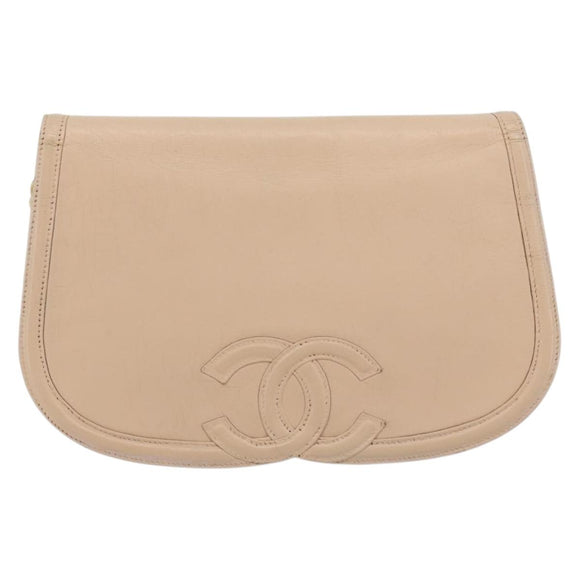 CHANEL Chain Shoulder Bag Leather Beige Gold CC Auth bs35821
