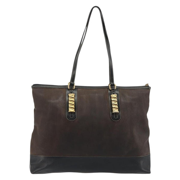 LOEWE Tote Bag Leather Dark Brown Gold Auth bs35829A