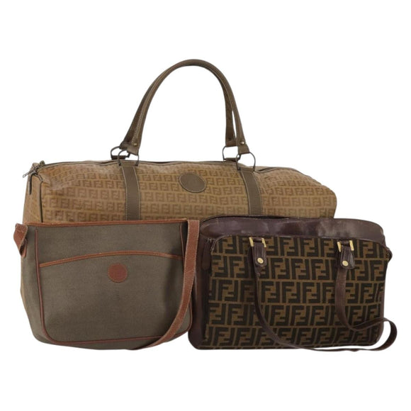 FENDI Zucca Hand Bag Canvas 3 Set Brown Auth bs35855