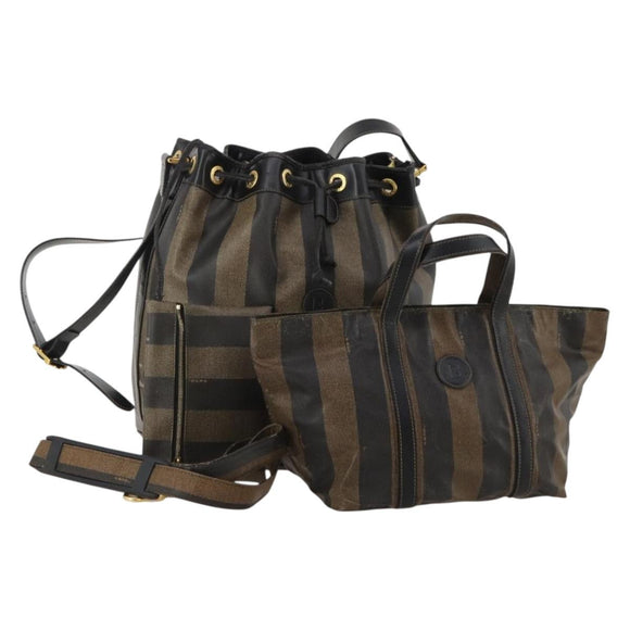 FENDI Pecan Shoulder Bag PVC 2 Set Brown Black Auth bs35857