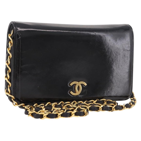 CHANEL Chain Shoulder Bag Patent Black Gold CC Auth bs35869