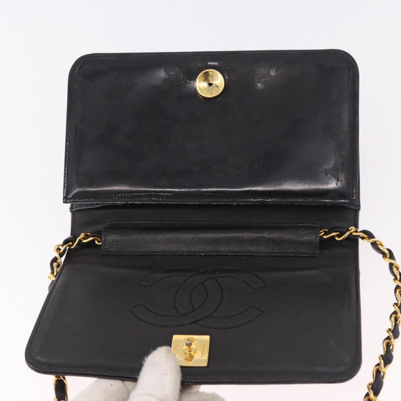 CHANEL Chain Shoulder Bag Patent Black Gold CC Auth bs35869