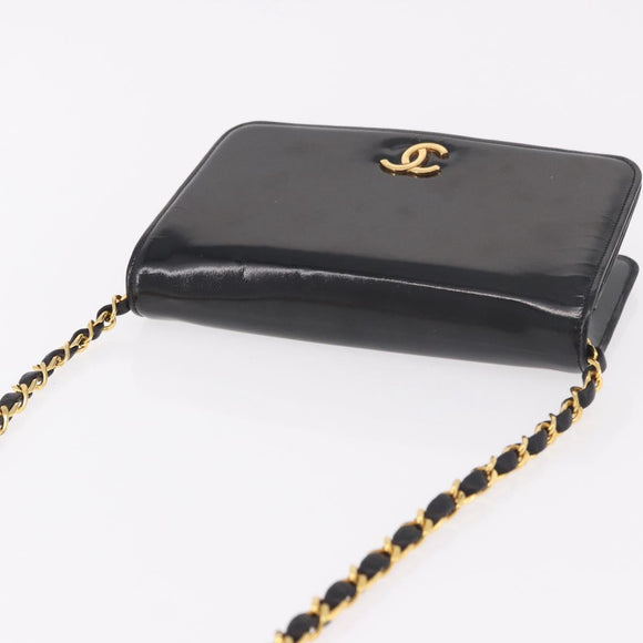 CHANEL Chain Shoulder Bag Patent Black Gold CC Auth bs35869