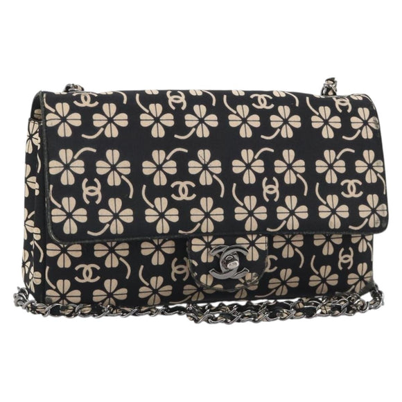 CHANEL Chain Shoulder Bag Canvas Black Silver CC Auth bs35870