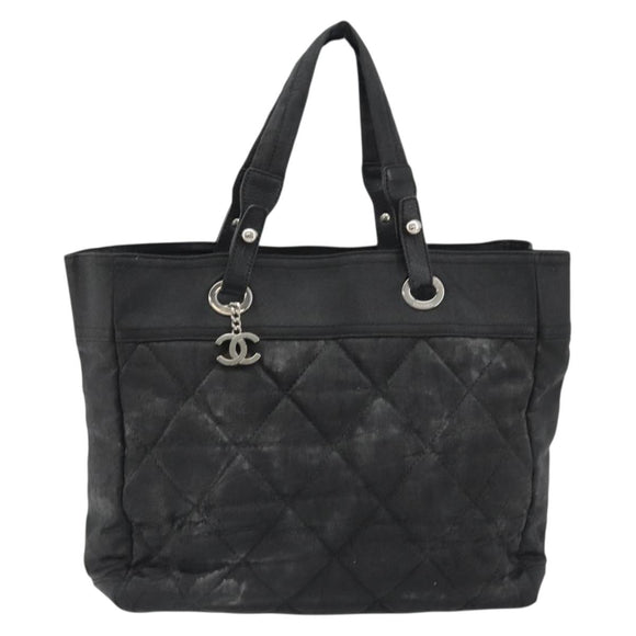 CHANEL Matelasse Hand Bag Coated Canvas Black Silver CC Auth bs35892