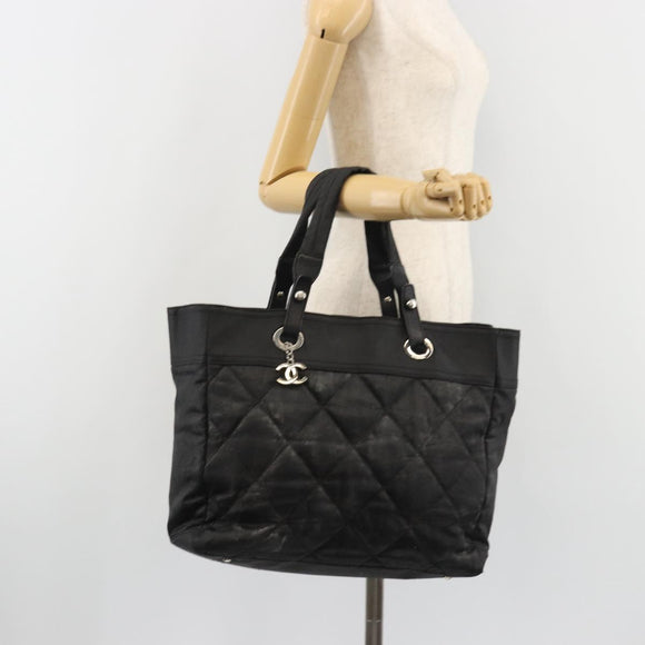 CHANEL Matelasse Hand Bag Coated Canvas Black Silver CC Auth bs35892