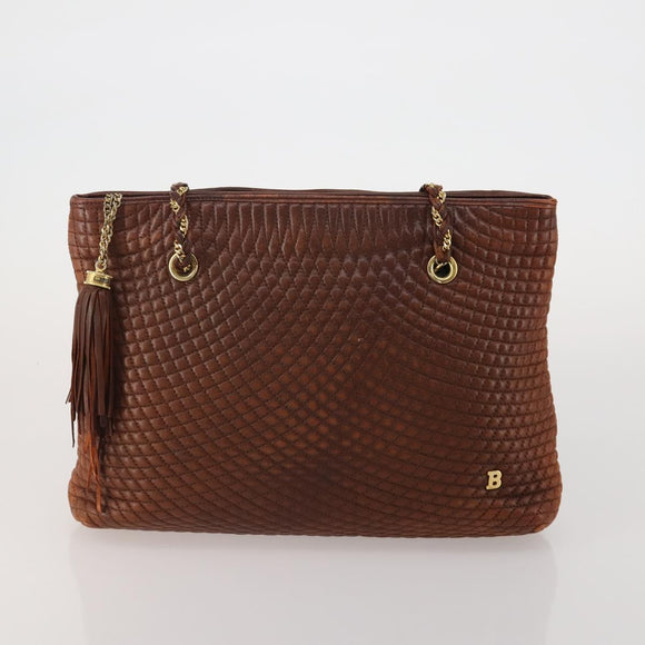 BALLY Hand Bag Leather 2 Set Brown Gold Auth bs35899