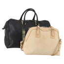 BURBERRY Boston Bag Leather Canvas 2 Set Black Beige Auth bs35900-1