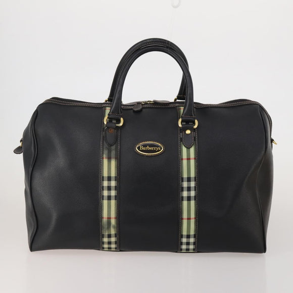 BURBERRY Boston Bag Leather Canvas 2 Set Black Beige Auth bs35900
