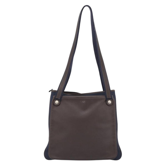 HERMES Mrs. Hippies Shoulder Bag Leather Navy Dark Brown Auth bs35909V