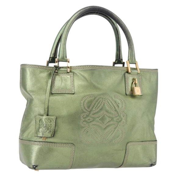 LOEWE Anagram Hand Bag Leather Green Gold Auth bs35915