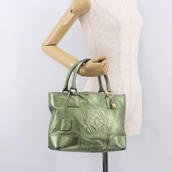 LOEWE Anagram Hand Bag Leather Green Gold Auth bs35915
