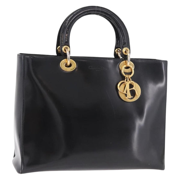 Christian Dior Hand Bag Patent Black Gold Auth bs35940