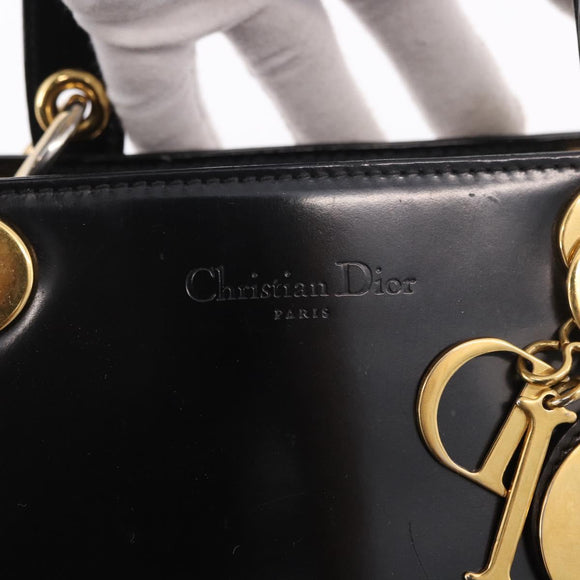 Christian Dior Hand Bag Patent Black Gold Auth bs35940