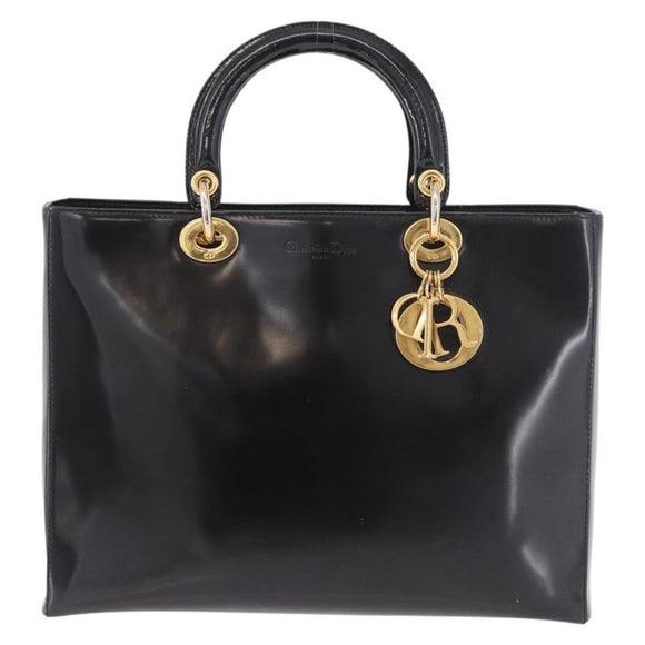 Christian Dior Hand Bag Patent Black Gold Auth bs35940