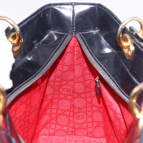 Christian Dior Hand Bag Patent Black Gold Auth bs35940