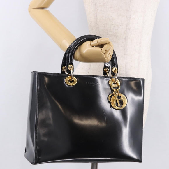 Christian Dior Hand Bag Patent Black Gold Auth bs35940