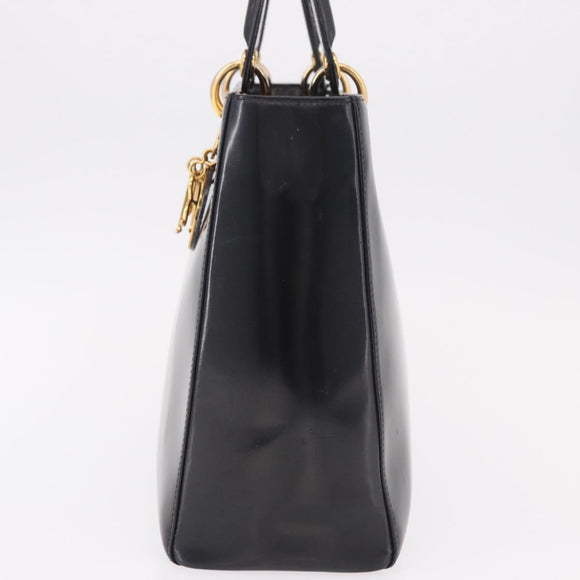 Christian Dior Hand Bag Patent Black Gold Auth bs35940